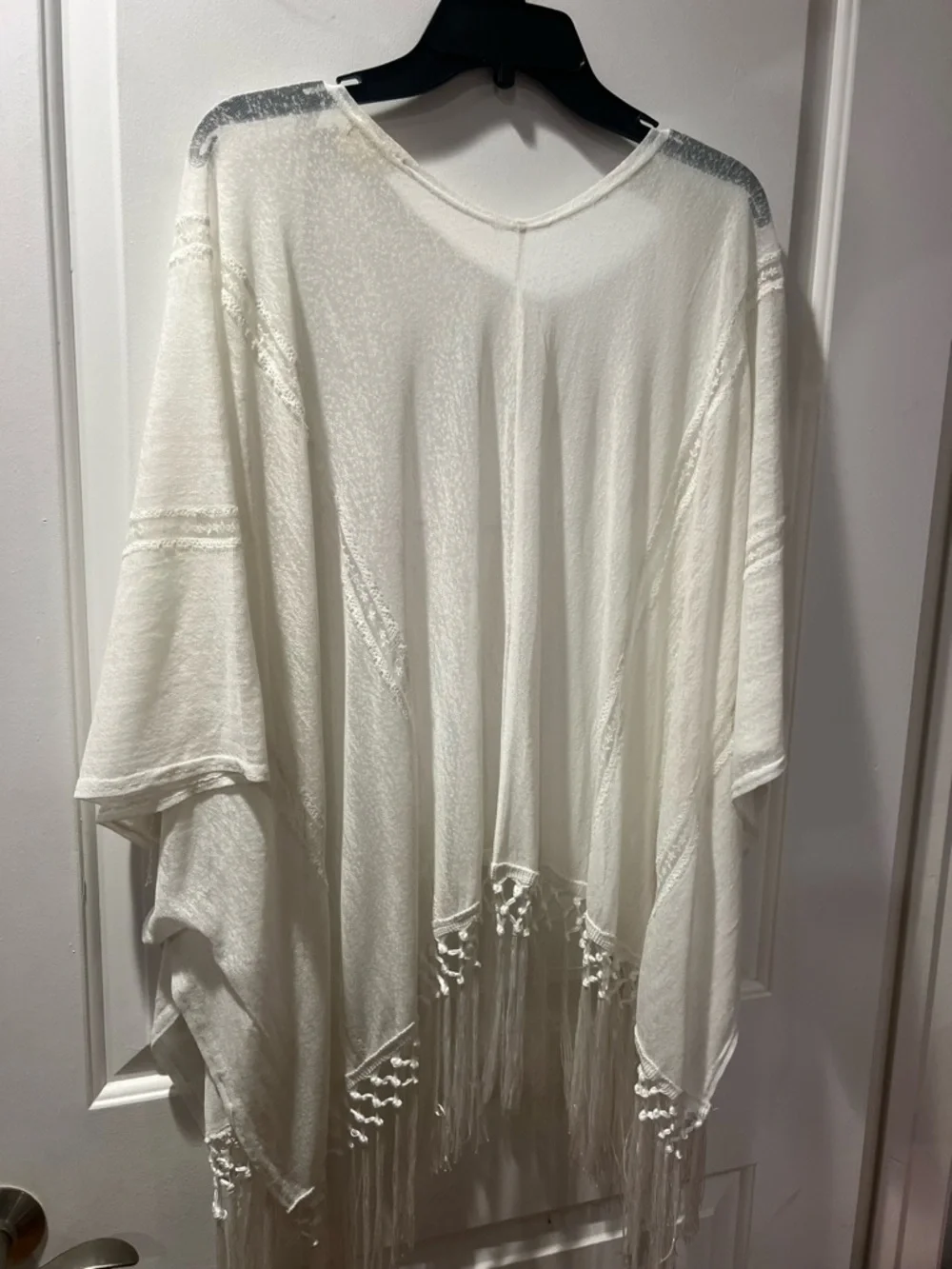 White Fringe Open-Front Kimono Cover-Up
